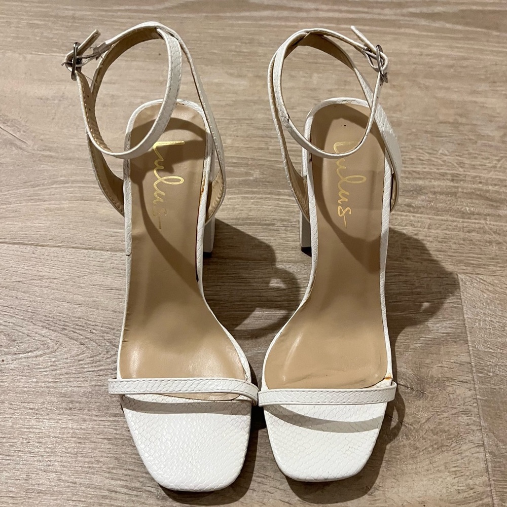 Lulu’s white strappy heels, size 9